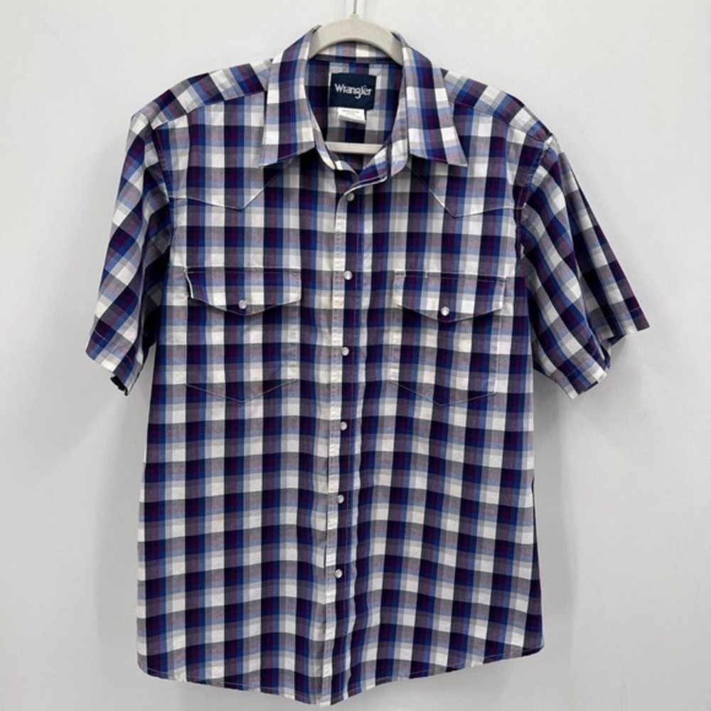 Wrangler Pearl Snap Button Up Shirt Short Sleeve Plaid Western Cowboy
